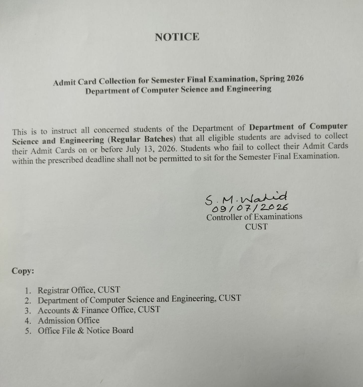 Admit Card Collection Notice for Semester Final Examination Spring 2026 (CSE; Regular)