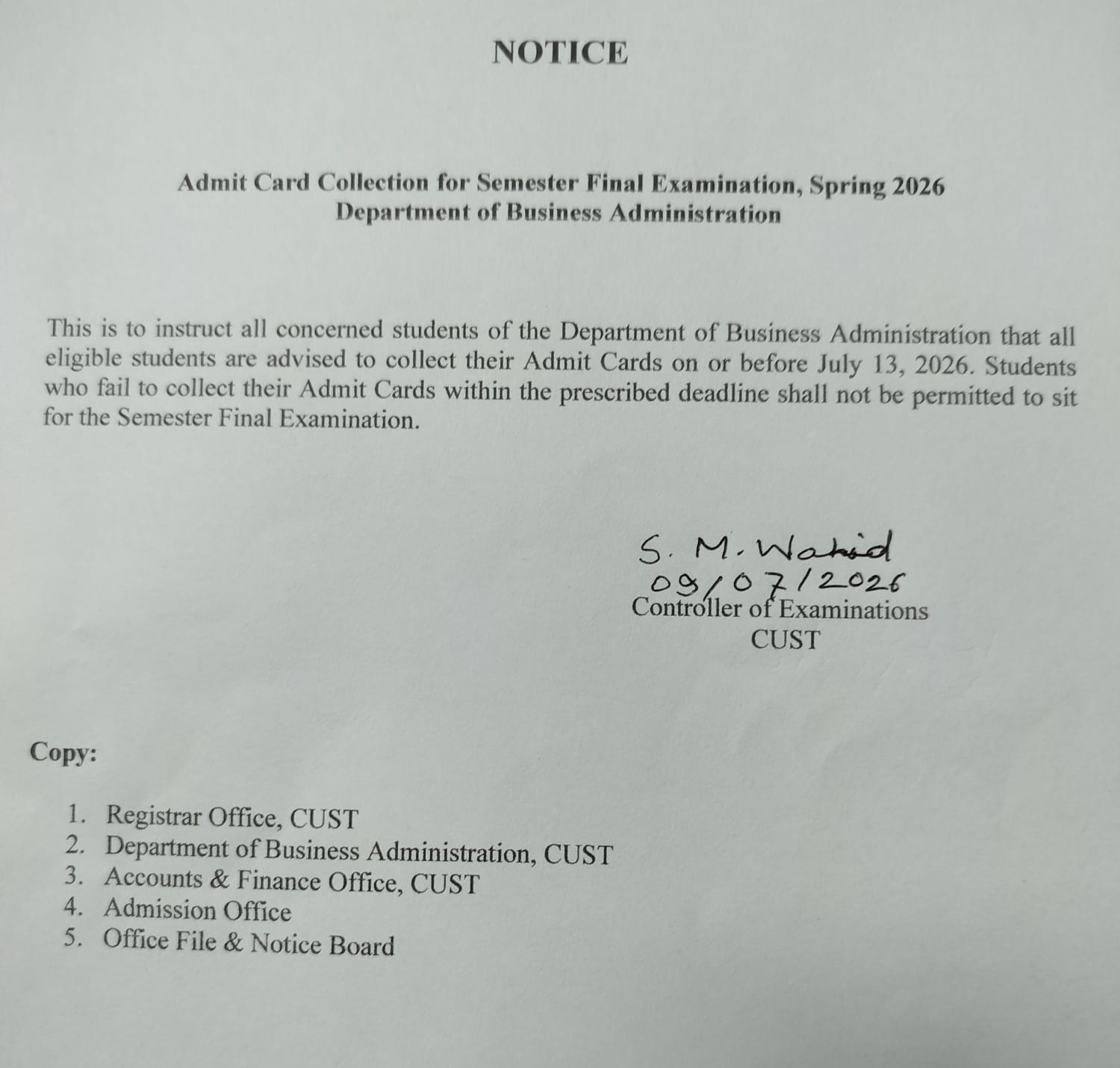 Admit Card Collection Notice for Semester Final Examination Spring 2026  (BBA)