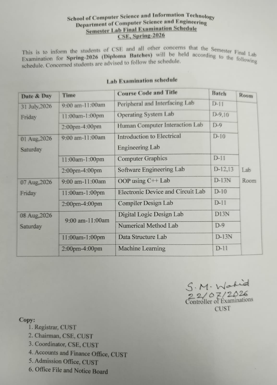 Lab Examination Schedule for the Semester Final Spring 2026 (Diploma Batches)