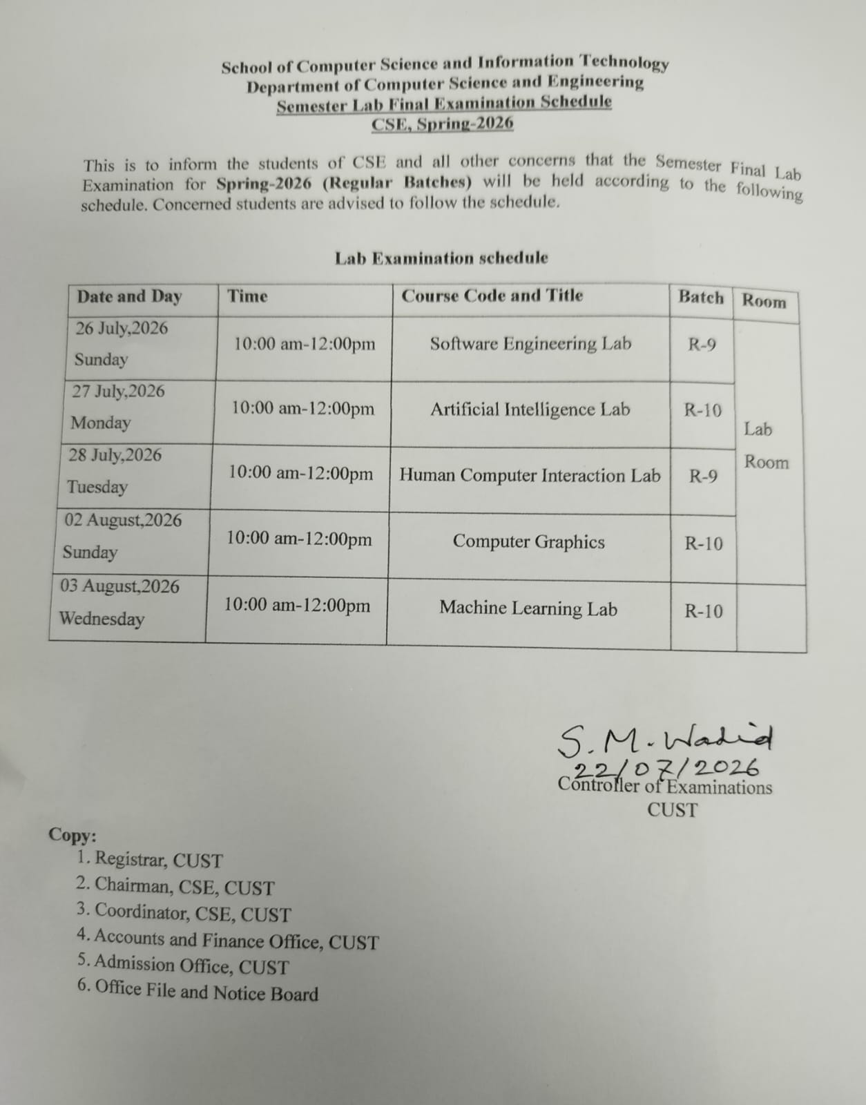 Lab Examination Schedule for the Semester Final Spring 2026 (Regular Batches)