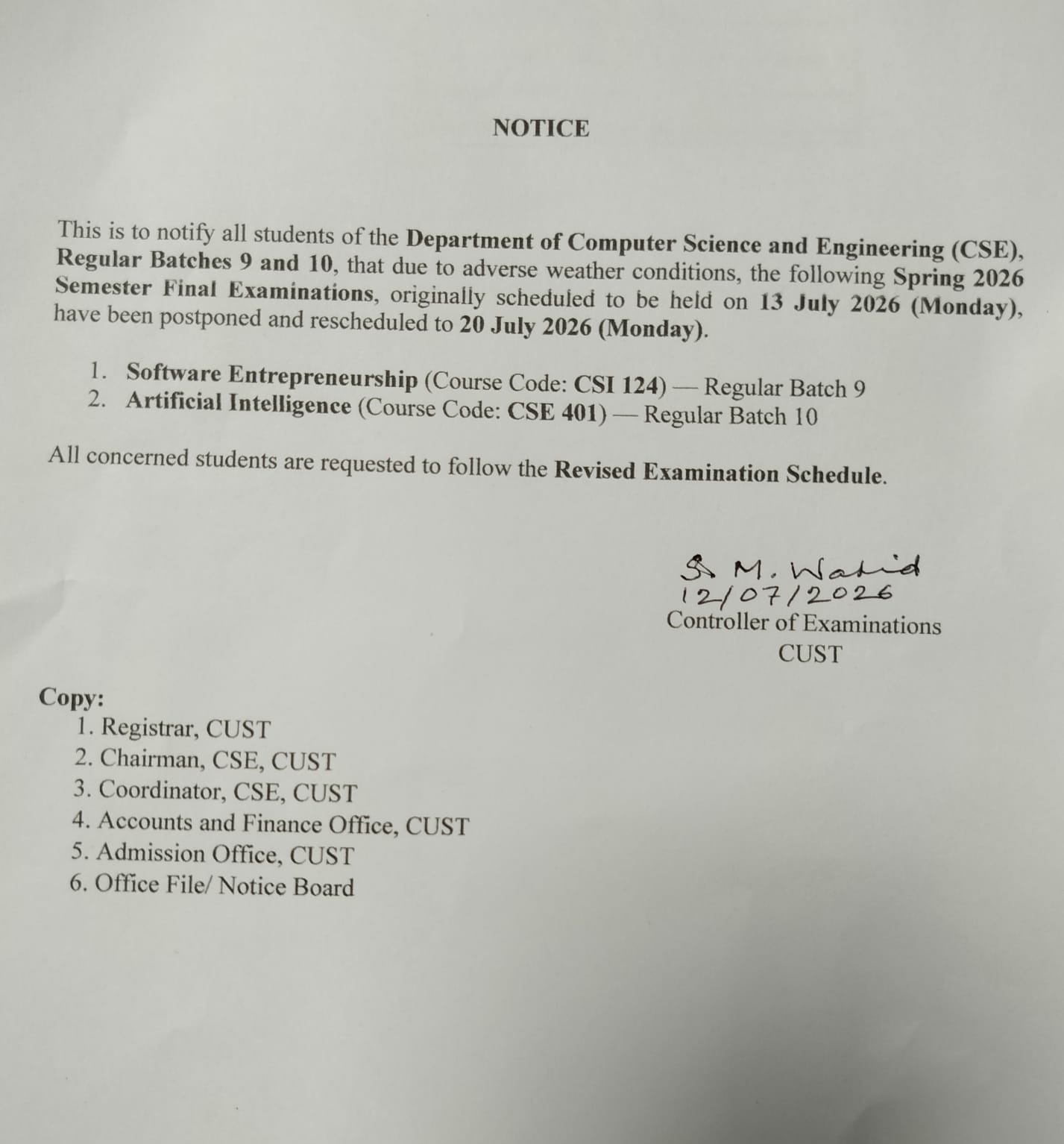 Notice on Revised Examination Schedule for the CSE Regular Batches