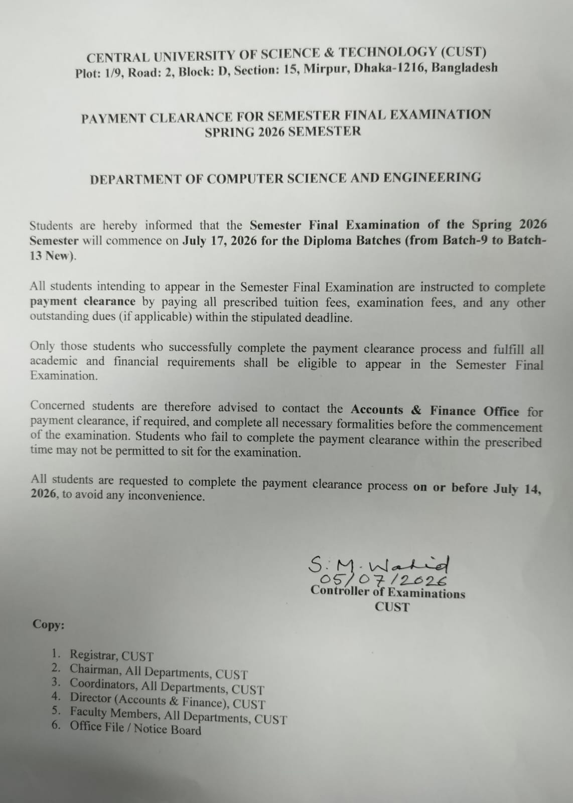 Payment Notice for the Semester Final Examination – Spring 2026 (CSE Diploma Batches)