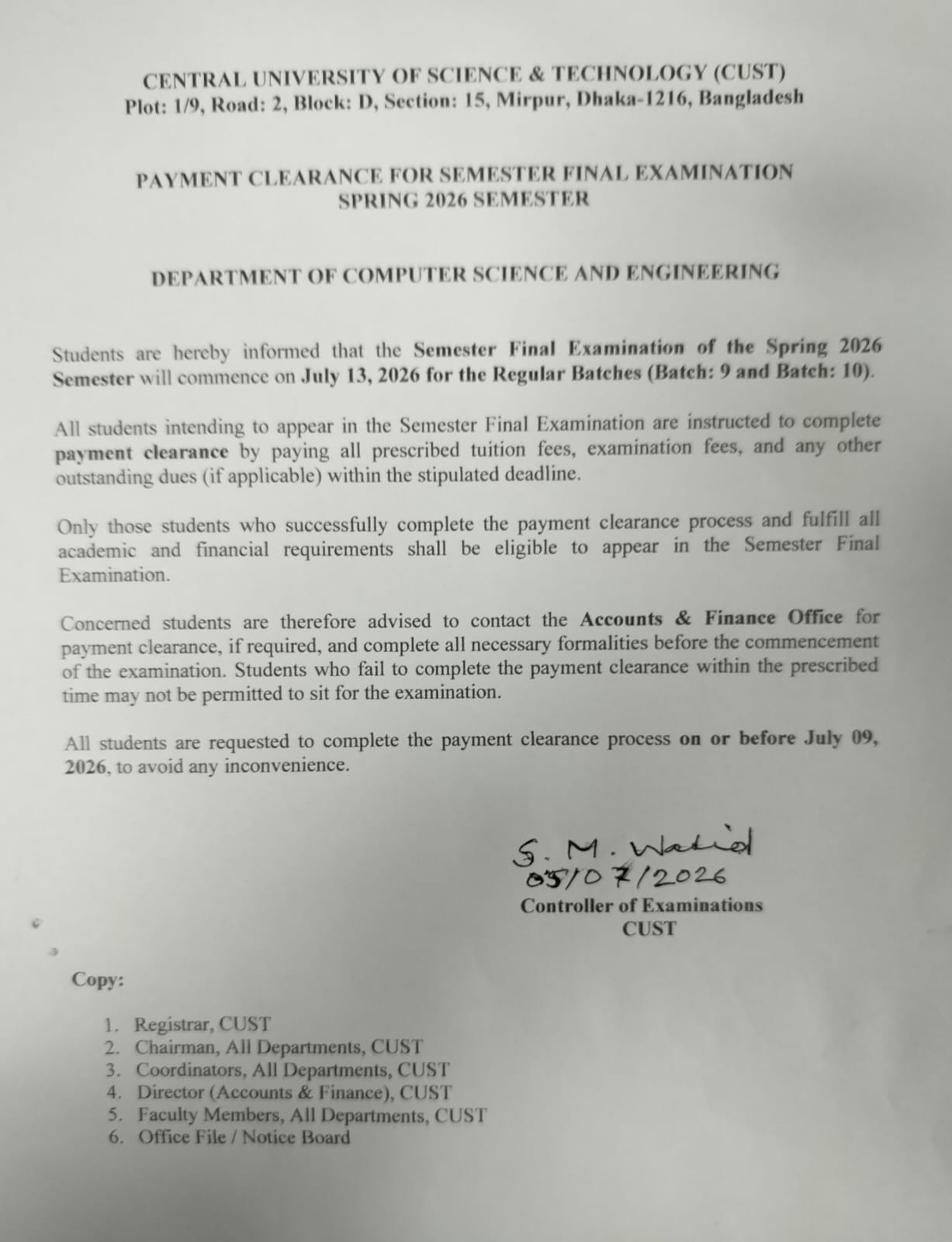 Payment Notice for the Semester Final Examination – Spring 2026 (CSE Regular Batches)
