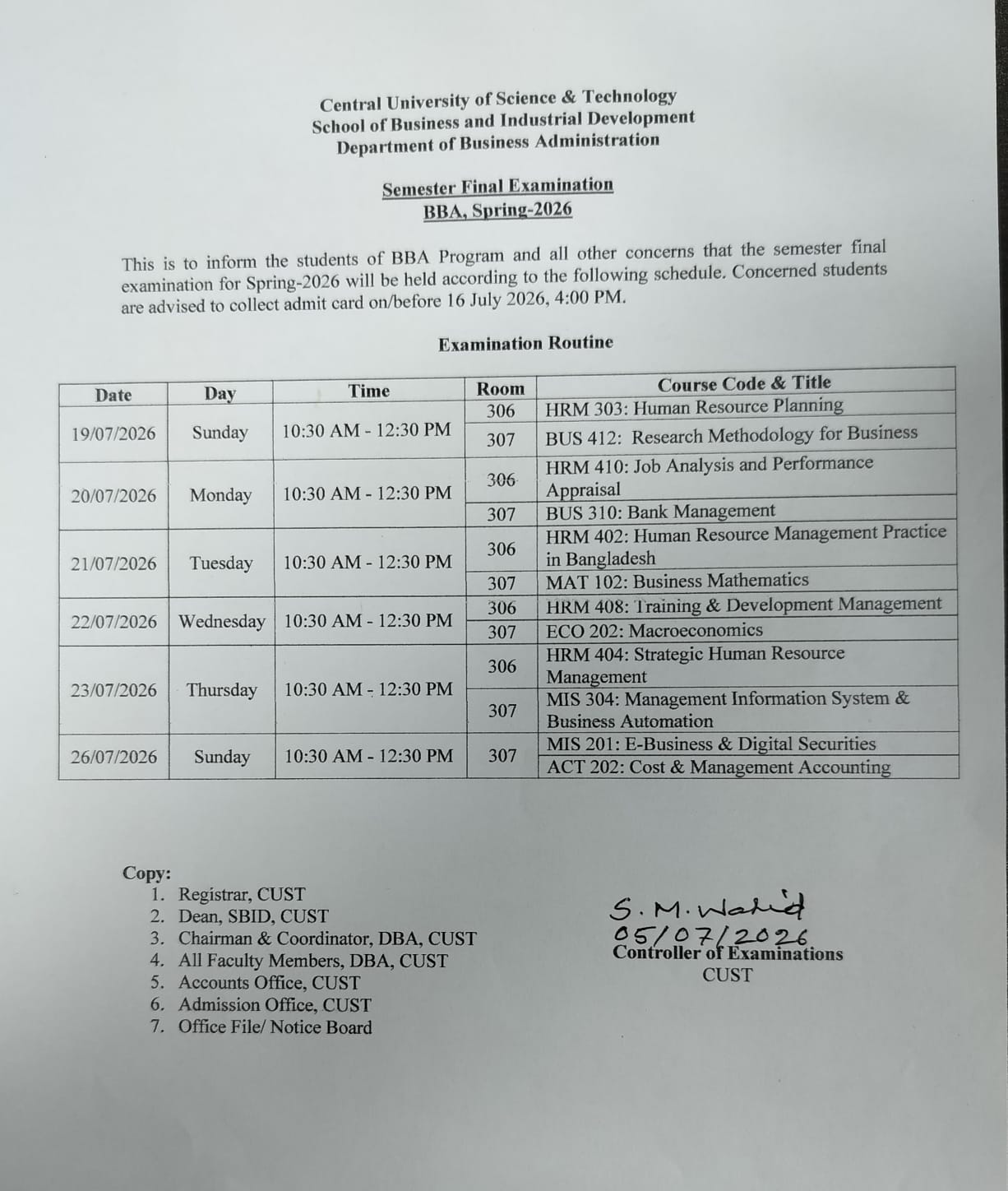 Routine for the Semester Final Examination – Spring 2026 (BBA Batches)