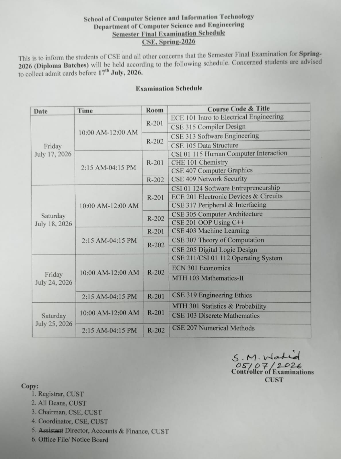 Routine for the Semester Final Examination – Spring 2026 (CSE Diploma Batches)