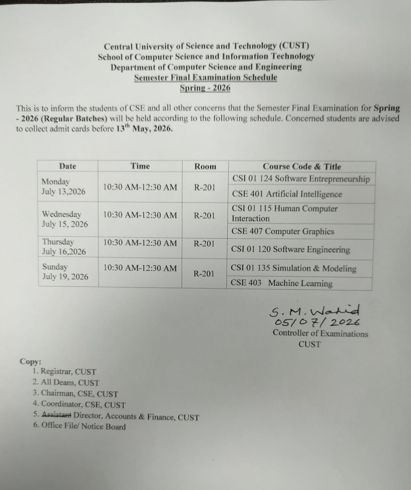 Routine for the Semester Final Examination – Spring 2026 (CSE Regular Batches)