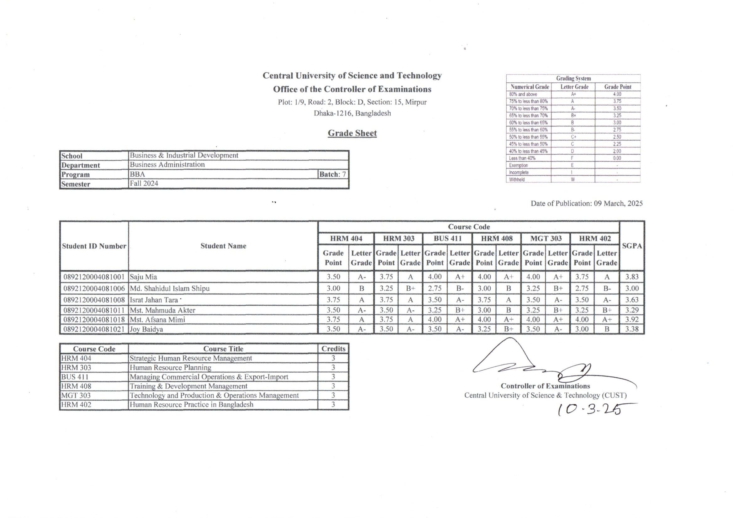 BBA, Fall Semester 2024 (Batch-7)
