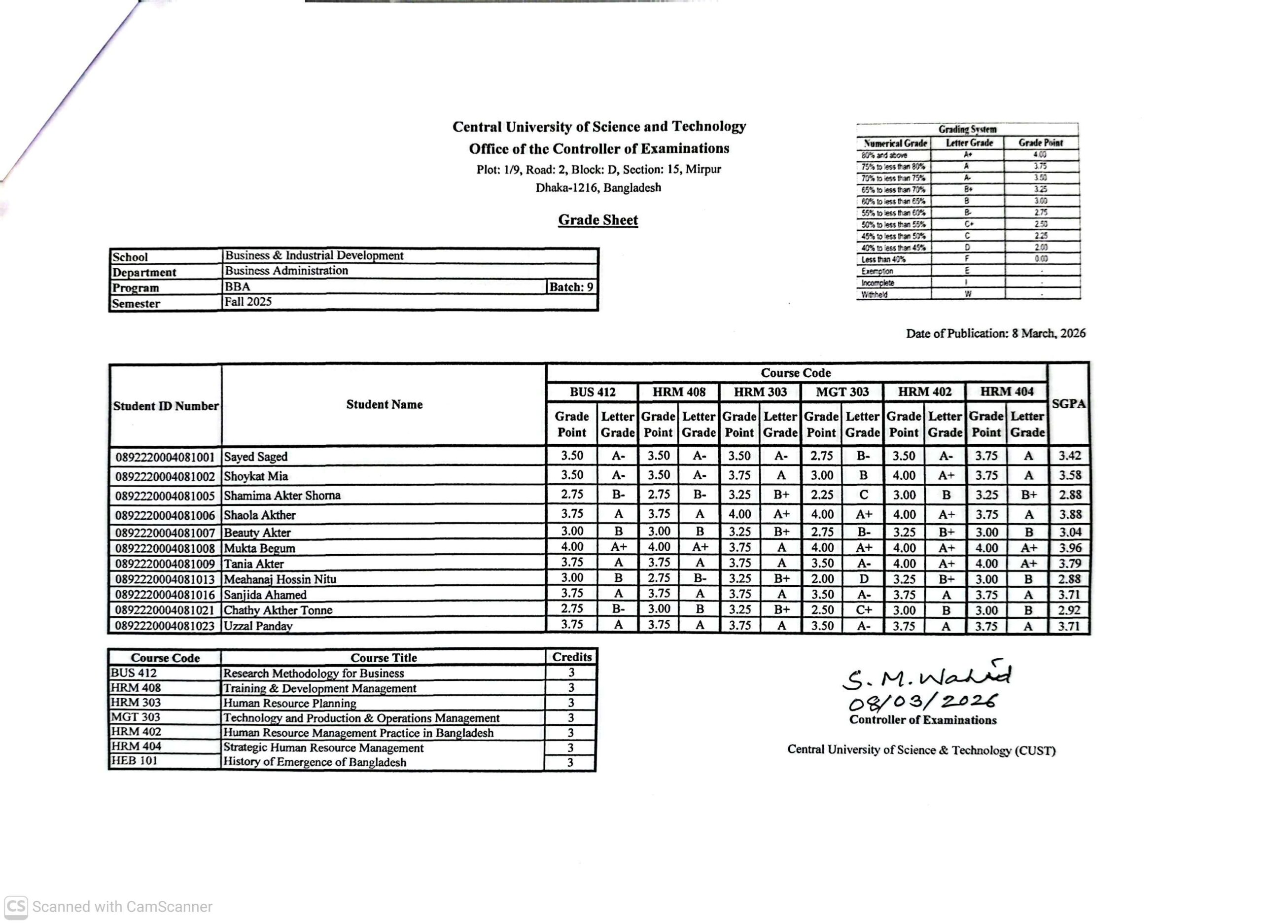 BBA, Fall Semester 2025 (Batch-9)