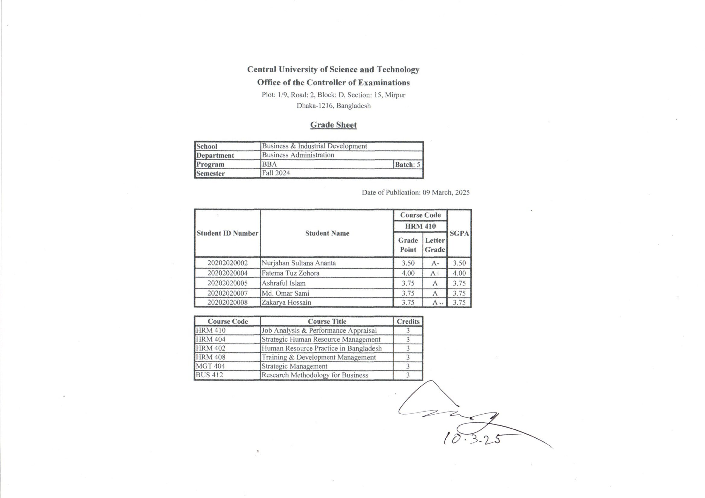 BBA, Spring Semester 2024 (Batch-5)