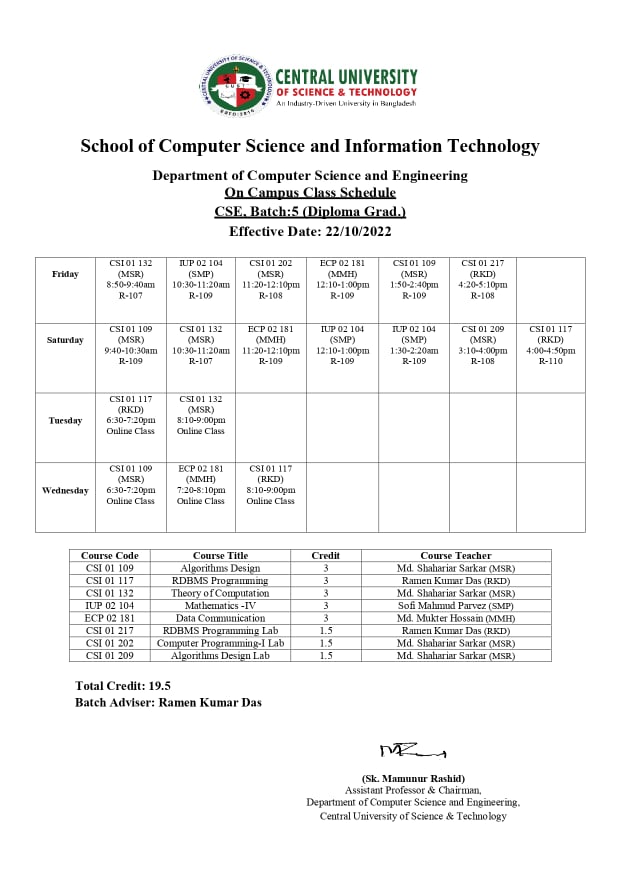 Class Schedule for CSE – Fall 2022 - Central University of Science